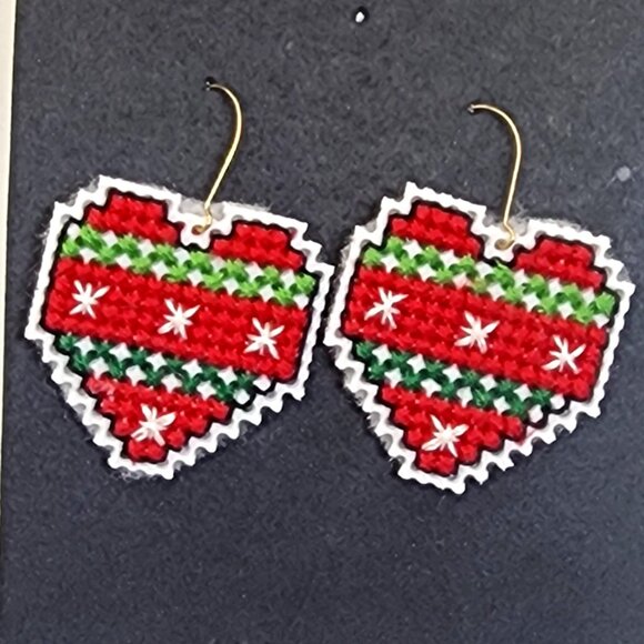 Holiday Christmas HEARTS Red Green Cross Stitch Handmade Dangle Pierced Earrings - Picture 5 of 5